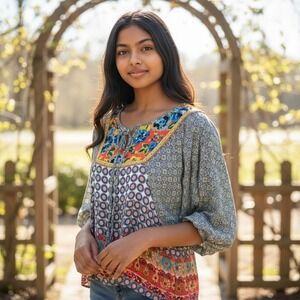 Ivy Jane Womens‎ Boho Embroidered Tunic Top Tie Neck Multicolor Size S